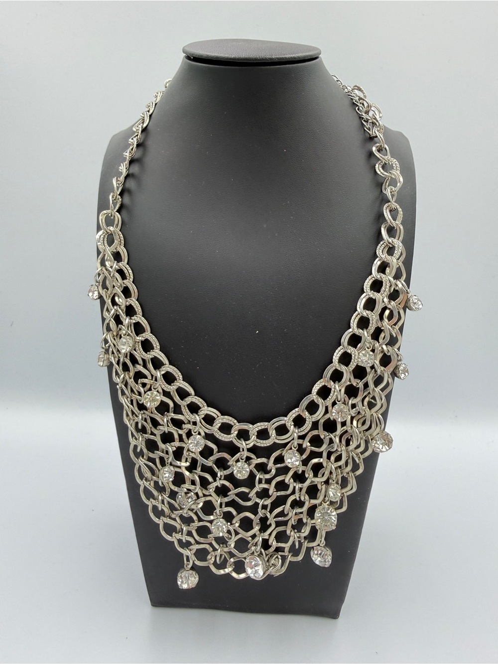 Silver Multi-Tier Chain Necklace with Clear Crystal Drops
